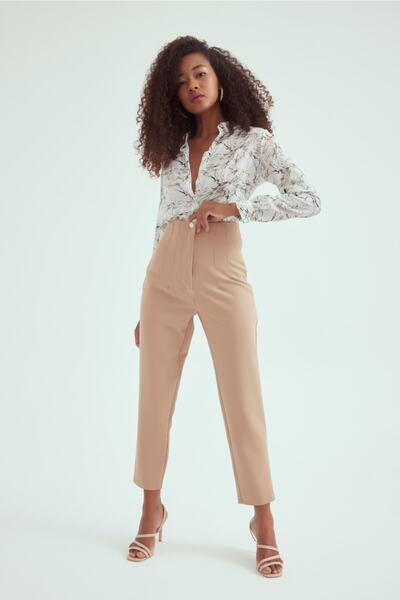 Sateen Yüksek Bel Pantolon Camel