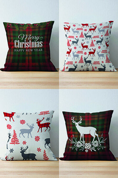 Nish & Royal 4-Piece Double Sided Merry Christmas Themed Deer Motif Suede Pil...
