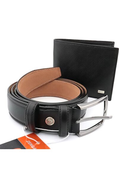 PİGADO Genuine Leather Wallet & Belt Set Black Men's Accessory