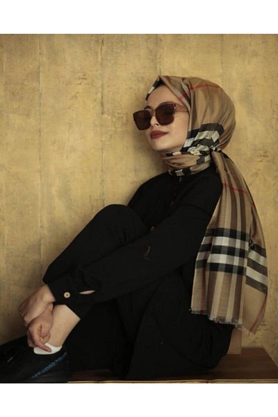 ŞAL İPEK Women's Brown Long Silk Plaid Shawl