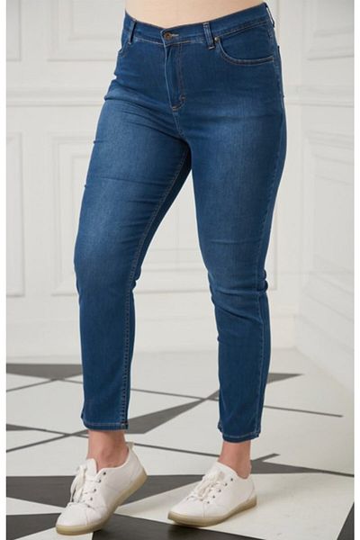RMG Women's Dark Blue Plus Size Lycra High Waist Trousers