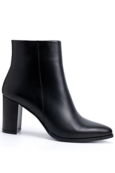 OZ AYAKKABI Siyah Hakiki Deri Sivri Burun Topuklu Fermuarlı Kadın Günlük Bot