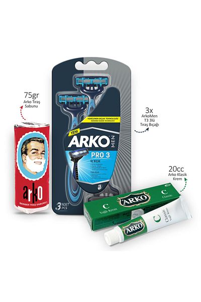 ARKO Shaving Soap 75gr And Men T3 3 Pack Razor And Classic 20cc Cream