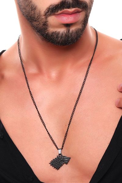 LABALABA Men's Black Oxide Plated Wolf Thrones Icon Pendant Necklace