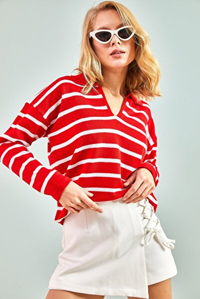 Bianco Lucci Women's Stripe Patterned Polo Neck Knitwear Sweater