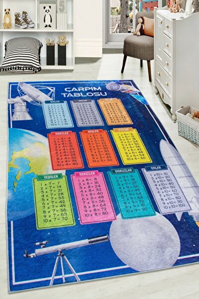 Genel Markalar Lacivert Dekoratif Kaymaz Tabanlı Çarpım Tablosu Uzay Çocuk Halısı