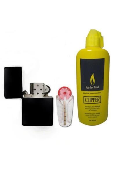 İNDİRİM CENTER Zippo Siyah Benzinli Çakmak Clipper Benzin 80 ml Zippo Taşı Süper Set