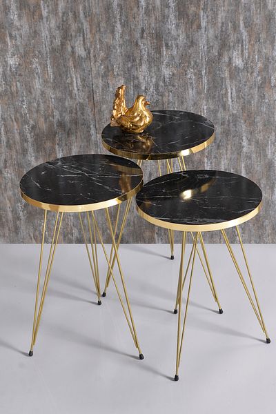 GOLDFALEZ Gold Bendir Wire 3-Piece Round Nesting Tables - Modern Gold-Trim Side Tables Set (13.4" Diameter)