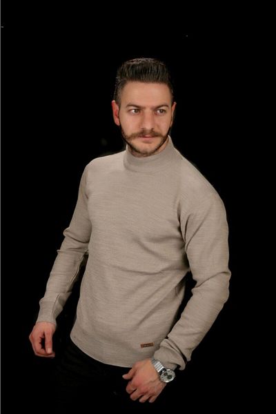 NOKTA GİYİM Мъжки светлокафяв пуловер с поло яка и половин яка