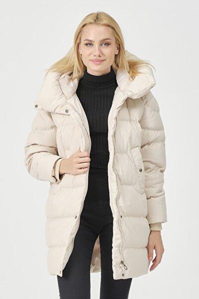 PIQUE Women's Wide Collar Ribbed Detailed Oversize Coat