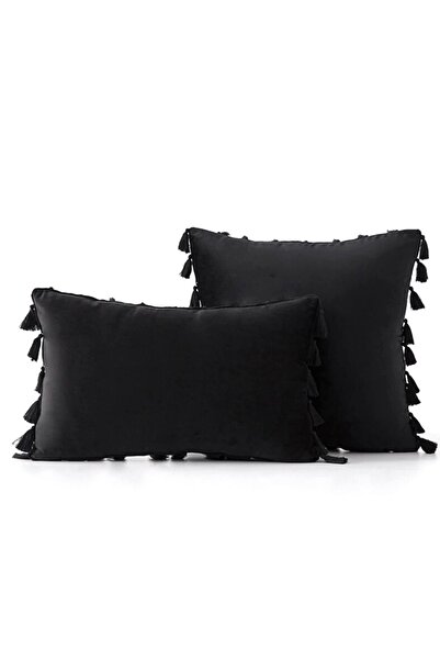 Bc Home Şerit Püsküllü Dekoratif Kırlent Kılıfı 2'li - Siyah