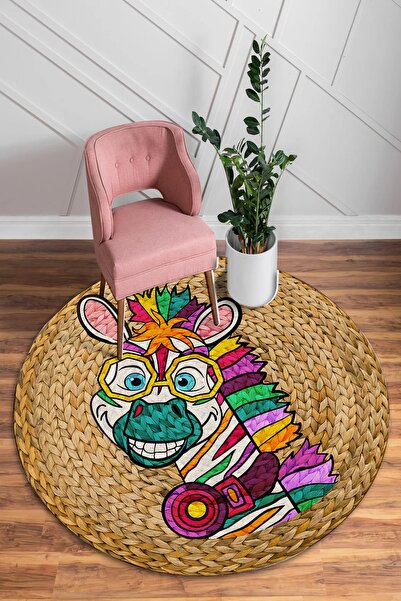 Bely Home Dijital Baskılı Kaymaz Taban Hasır Renkli Zebra Desenli Yuvarlak An...