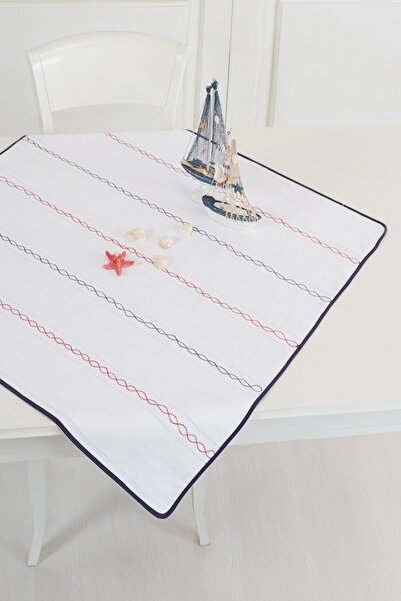 ÖDEL HOME مفرش طاولة أبيض مخرم باللون الأزرق الداكن ومطرز ملون مقاس 90 × 90 سم