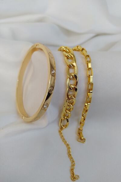 Lal Altın Kaplama Kadın Kombin Bileklik Taşlı Crt Cadena Dikdörtgen Model Kom...