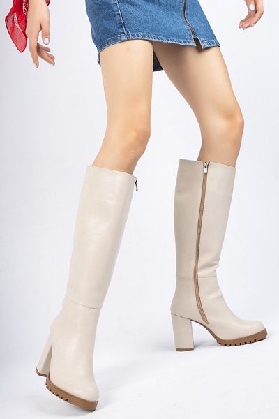PASSAGE SHOES 7009 Γυναικείες μπότες με φερμουάρ μπεζ δέρμα