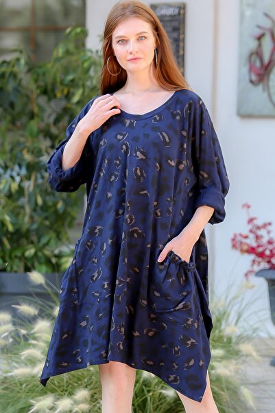 Chiccy Жіноча темно-синя італійська сукня з довгими рукавами, коміром-стійкою, леопардовим принтом і кишенями з воланами M10160000el94085