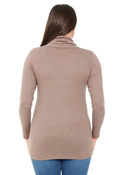 DISENTIS MODEST Μάλλινη βισκόζη μπλούζα βιζόν με κορδόνι Degaje γιακά με λεπτομέρεια με κουμπί στον ώμο