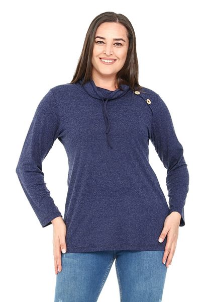 DISENTIS MODEST Plus Size Drawstring Degaje Collar Wool Viscose Navy Blue Blouse with Button Detail on the Shoulder