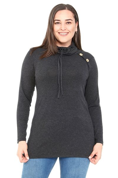DISENTIS MODEST Plus Size Drawstring Degaje Collar Wool Viscose Black Blouse with Button Detail on the Shoulder