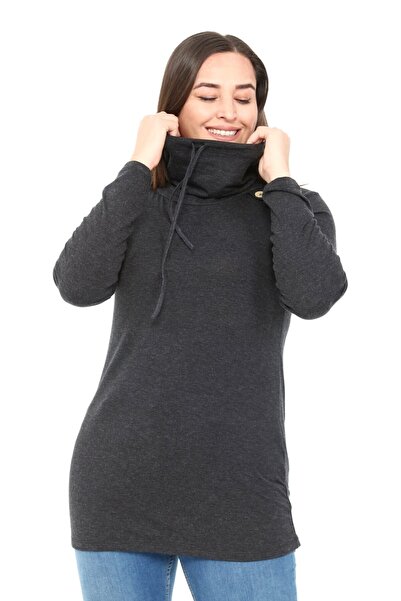 DISENTIS MODEST Μάλλινη μαύρη βισκόζη μπλούζα με κορδόνι Degaje γιακά με λεπτομέρεια με κουμπί στον ώμο