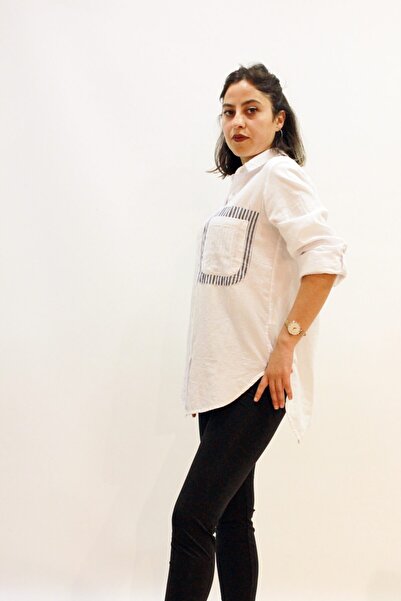 butiksinope Patıskha Lıfe 3569 Arkası Yırtmaç Detaylı Beyaz Kadın Gömlek