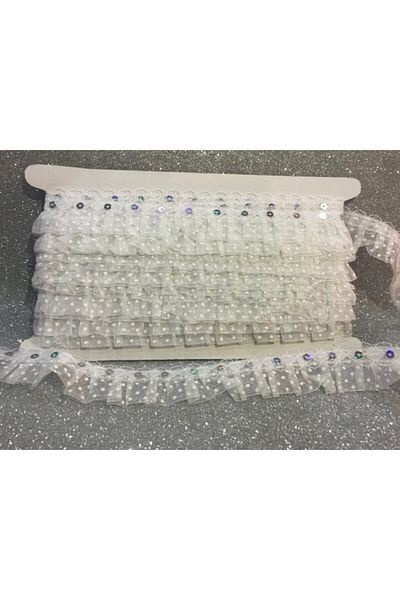 Deniz Party Store Silver Sequined Dotted Ribbon Ruffle White 3 cm X 9.5 mt 10 Yards