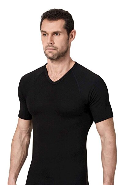jilly jo Tricou negru cu mânecă scurtă, cu decolteu în V, termic pentru bărbați