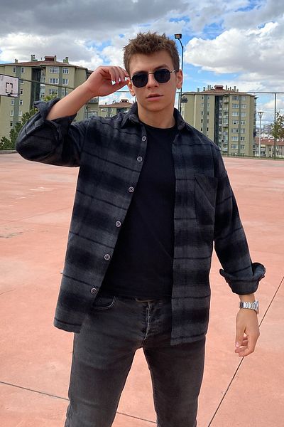 PUMP BUTİK Unisex Gray Oversize Single Pocket Plaid Thick Lumberjack Shirt
