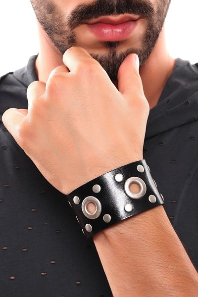 LABALABA Men's Black Leather Bracelet with Ring Detail