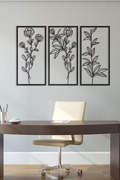 NT Handmade Siyah Ahşap 3lü Çiçek Dikdörtgen Duvar Dekoru Salon Oturma Odası ...