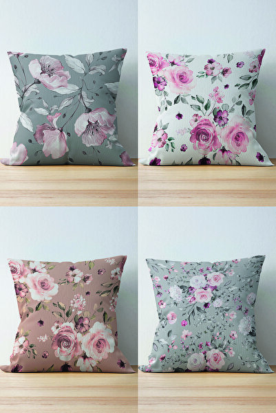Nish & Royal 4-Piece Double Sided Colorful Flower Patterned Modern Suede Pill...