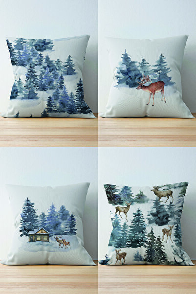 Nish & Royal 4-Piece Double Sided Special Design Deers & Pine Tree Motif Digi...