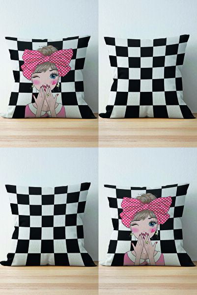 Nish & Royal 4-Piece Double Sided Black and White Checkered Girl's Motif Mode...