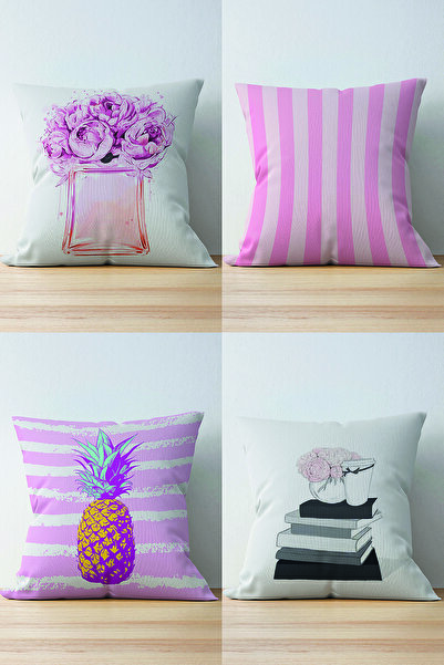 Nish & Royal 4-Piece Double Sided Pink White Striped Concept Modern Suede Pil...