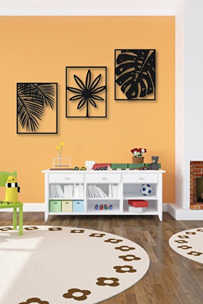 NT Handmade Siyah Ahşap 3lü Yaprak Duvar Dekoru Salon Oturma Odası Yatak Odas...