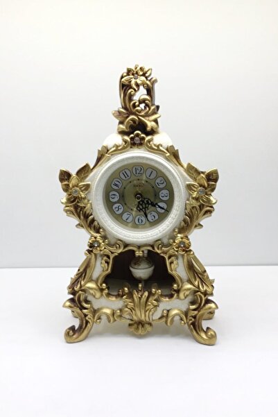 Otantik Dekoratif Beyaz Altın Obje Masa Saati 36x20x8 Cm