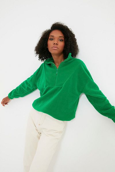 Trendyol Collection Smaragdově zelená mikina na zip s detailním fleecem TWOAW21SW0758