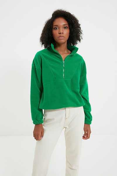 Trendyol Collection Smaragdově zelená mikina na zip s detailním fleecem TWOAW21SW0758
