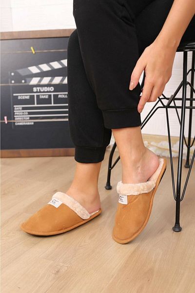 Yurtsevermoda Αφράτες παντόφλες σπιτιού χωρίς ήχο με γούνα στο εσωτερικό