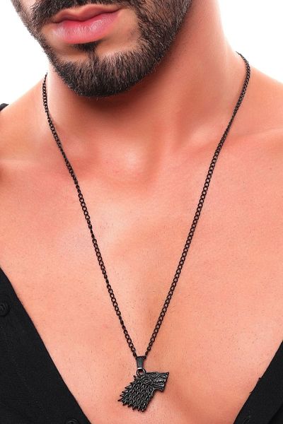 LABALABA Men's Black Oxide Plated Wolf Thrones Icon Pendant Necklace