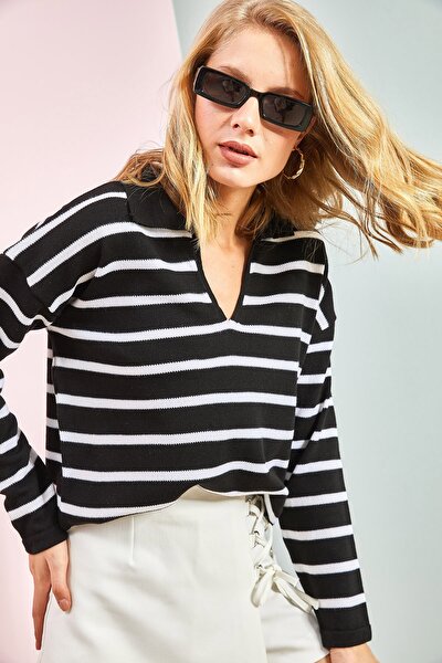 Bianco Lucci Damen-Strickpullover mit Rollkragen und Streifenmuster