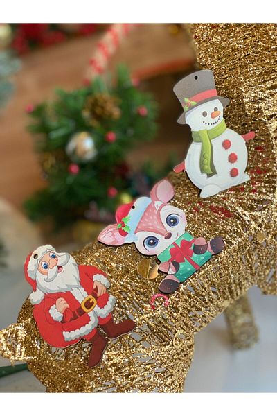 QUEEN AKSESUAR New Year Christmas Special Wooden Pine Tree Ornament Santa Claus Deer Snowman Set of 3