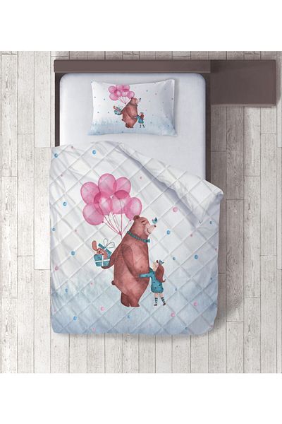 yok yok evim eve dair her şey Balloon and Gift Giving Bear Digital Printed Single Quilt Set