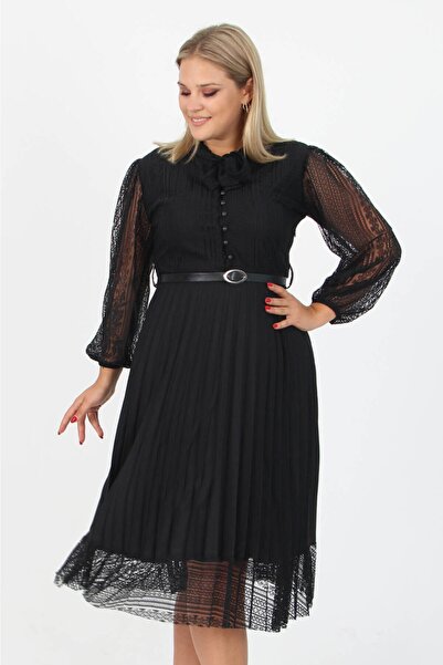 XXL BUTİK Kadın Yakası Bağlama Detaylı Büyük Beden Elbise Mkds11