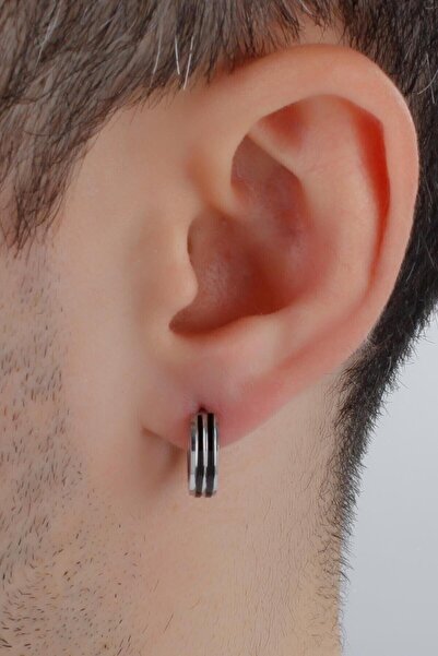 TakıConcept Erkek Çelik Çift Renk Çizgili Küpe