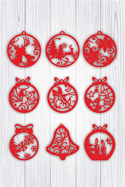 UNT Ornamente din lemn pentru brad de Crăciun alb (Set de 9) - 1 roșu