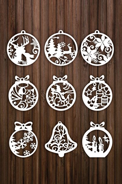 UNT Ornamente din lemn pentru brad de Crăciun alb (Set de 9) - 1 alb