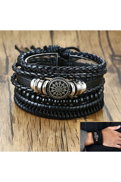 Gogoey Men's Leather Bracelet Steel Metal Silver Bracelet Tree of Life Leaf Black Men's Gift Jewelry