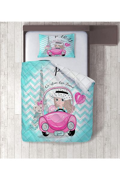 yok yok evim eve dair her şey Pink Car Girl Digital Printed Single Quilt Set