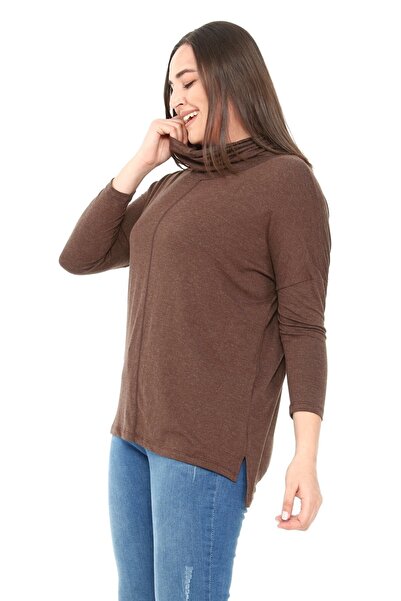 DISENTIS MODEST Μπλούζα με σκίσιμο γιακά Degaje με λεπτομέρεια από μάλλινη βισκόζη καφέ